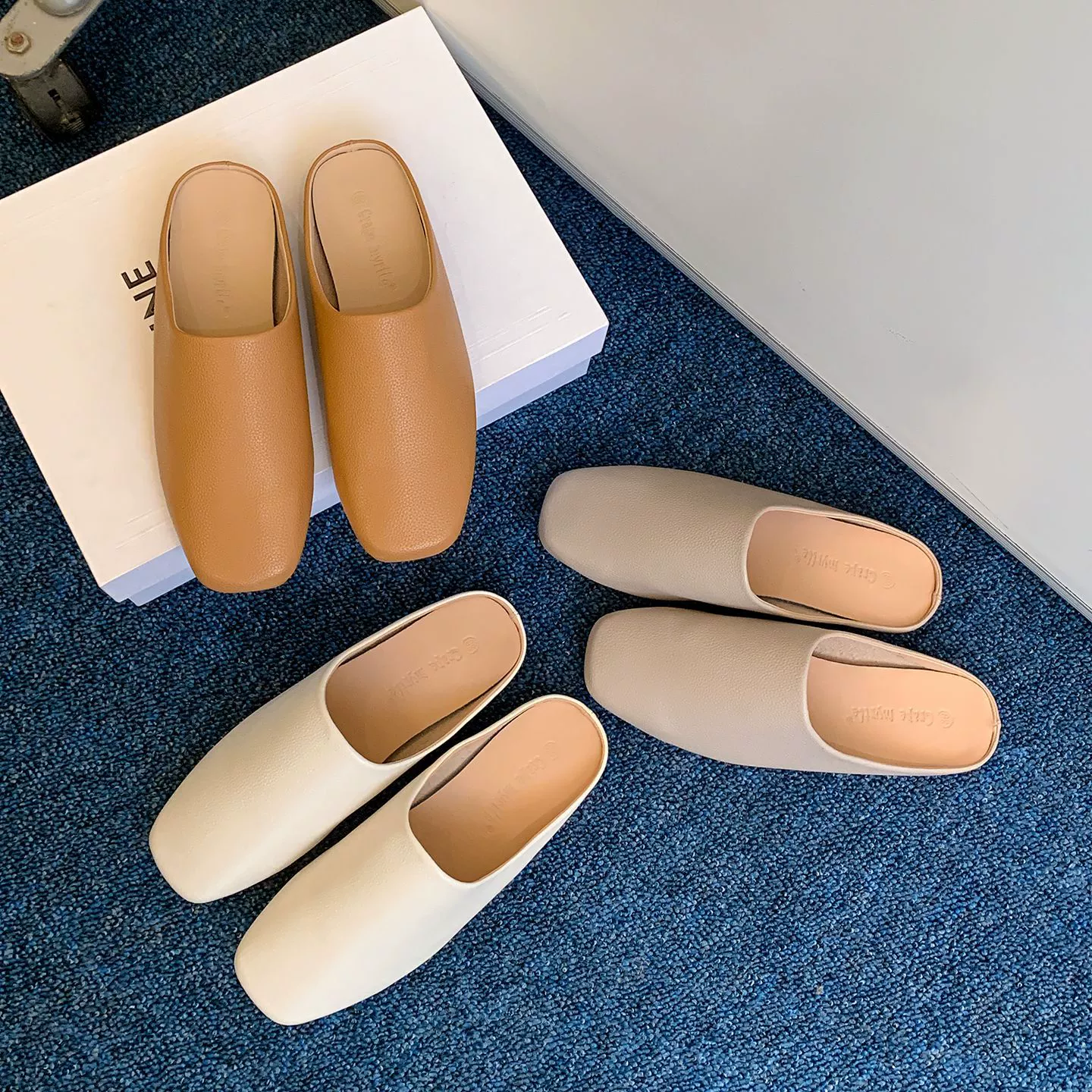 Women's Soft Leather Square Toe Slip-on Mule Slides Casual