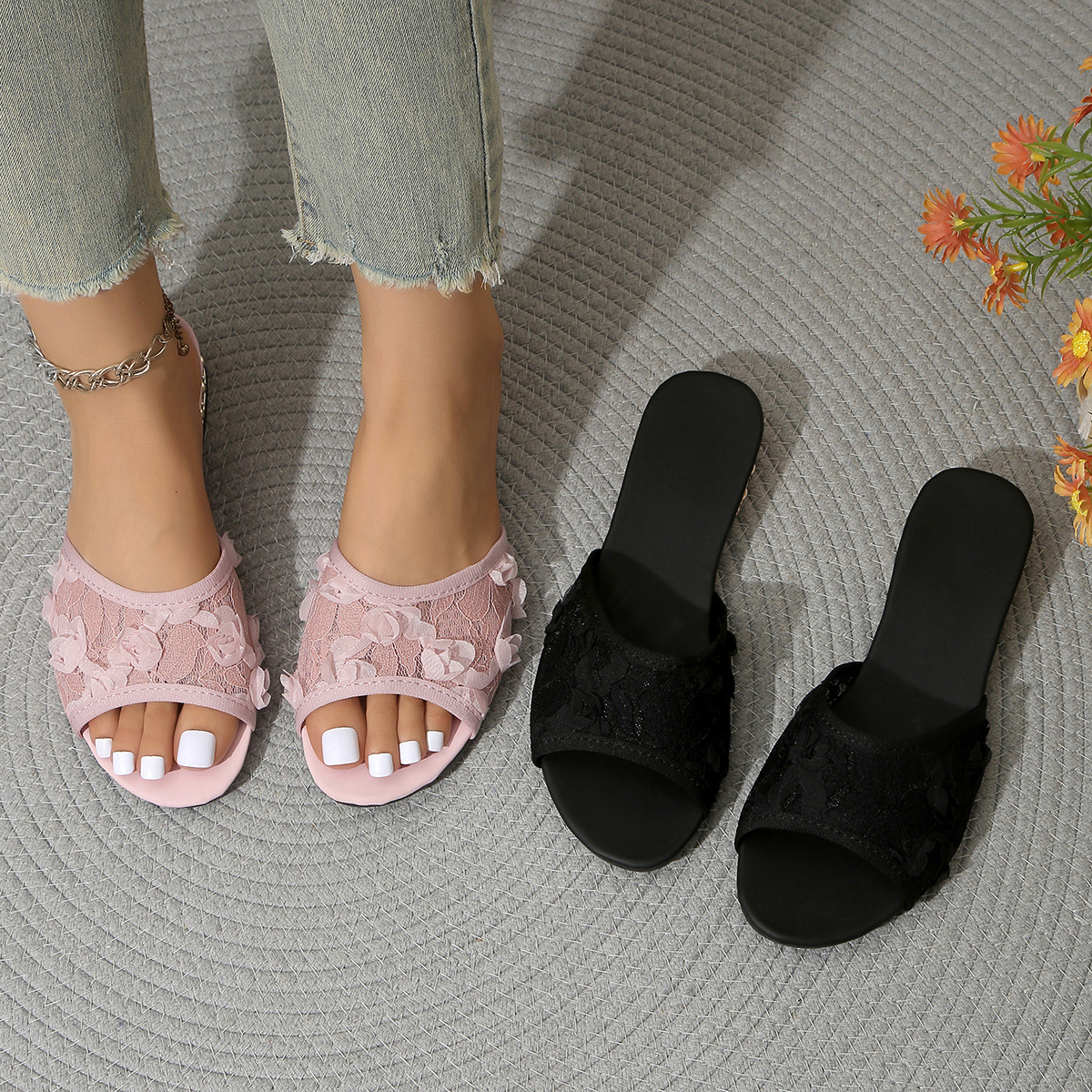 Women's Flower Lace Open Toe Flat Slide Sandals · YANYAN China shoe factory