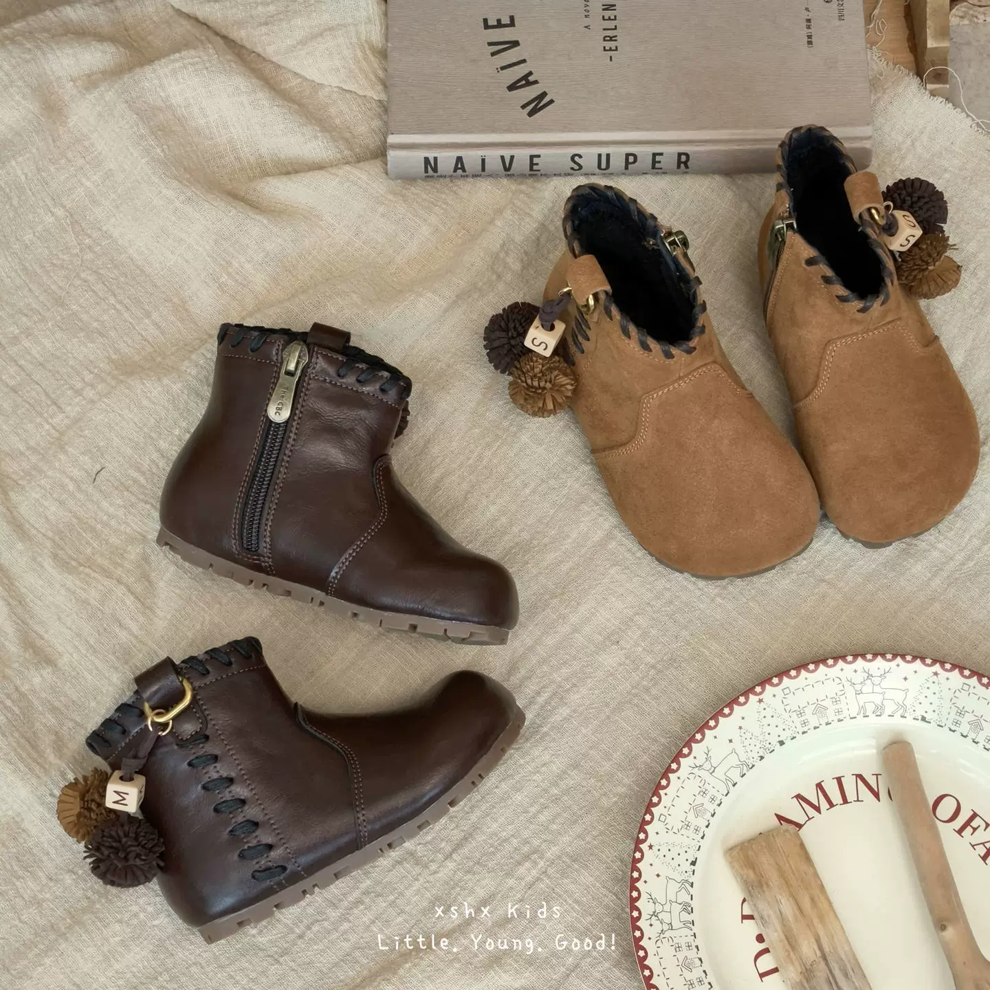 XSHX Retro Handmade Leather Boots for Kids, Ethnic Style Side Zipper Rubber Sole Winter Fleece
