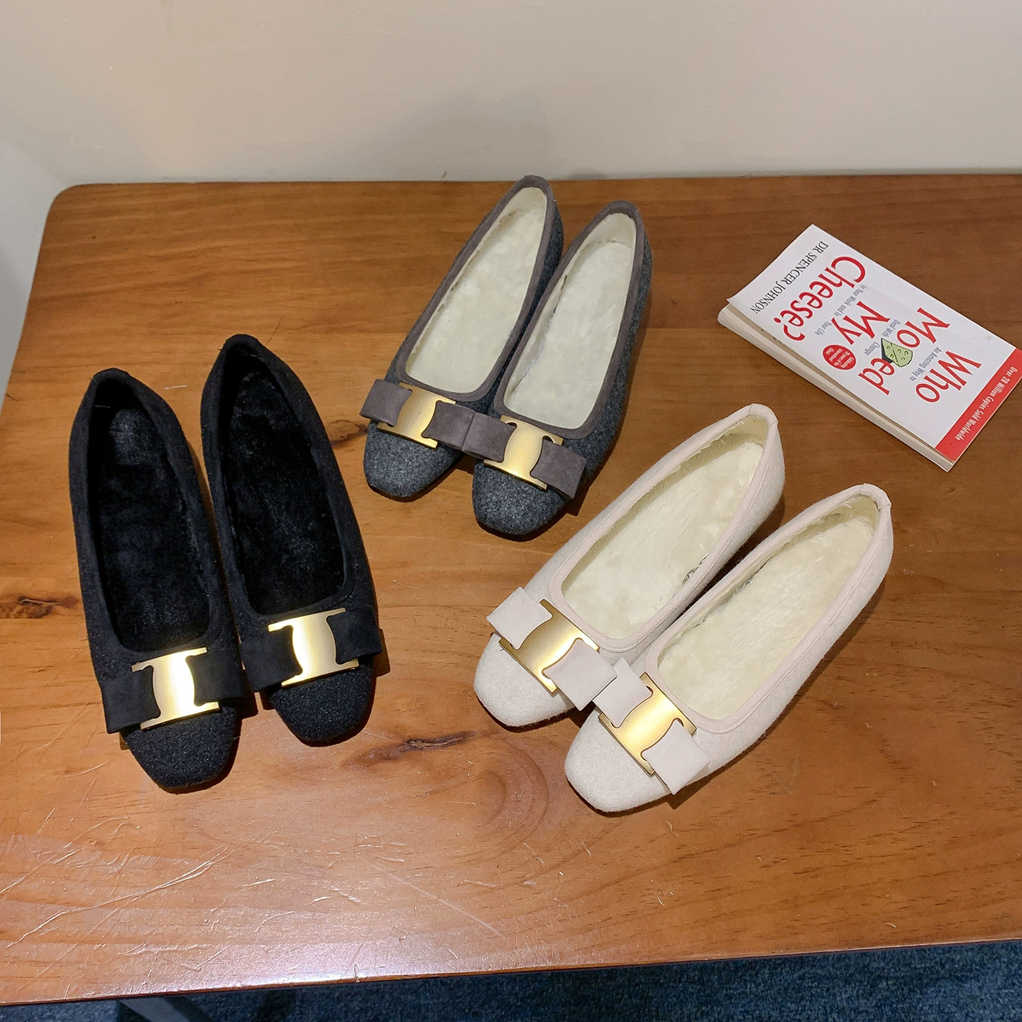 New Classic Bow Metal Buckle Hidden Heel Square Toe Fur Lined Woolen Flats for Women