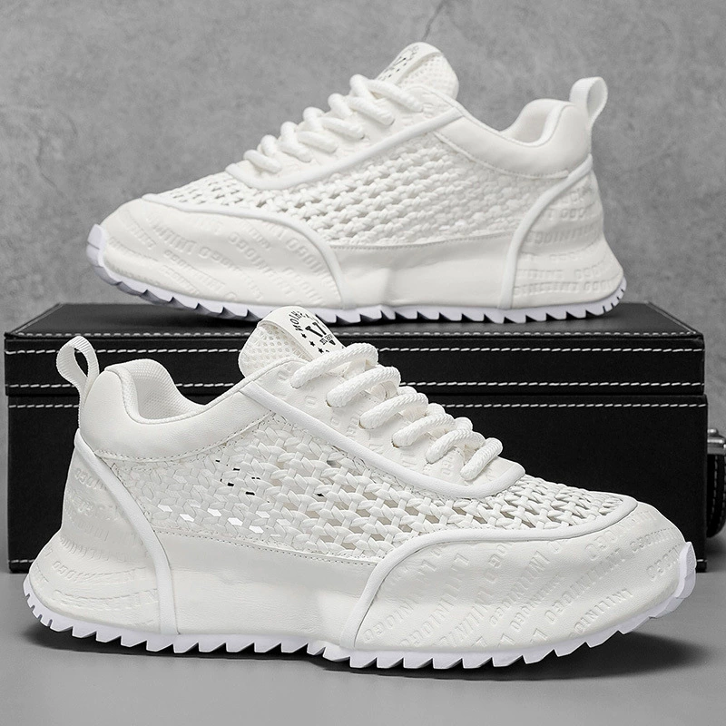 Men's Summer Breathable Thick Sole Heightening White Casual Lace-up Sneakers 5582