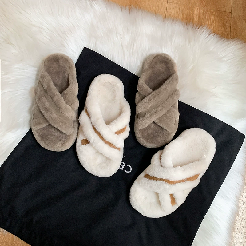 Nouvelles mules femme en fourrure à brides croisées, patchwork, semelle épaisse, chaudes et décontractées pour l'automne/hiver