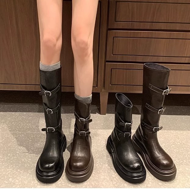 2026 New Women's Belt Buckle Round Toe Thick Sole Short Boots Riding Boots for Fall Winter