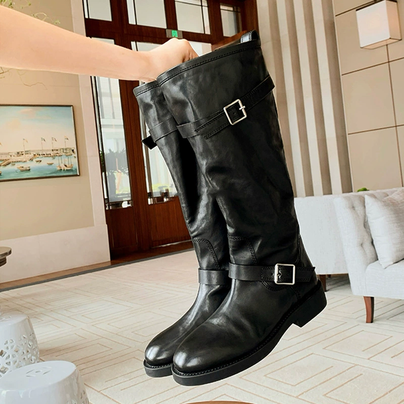Women's Round Toe Fashion Buckle Chunky Heel High Knee Knight Boots Fall Winter