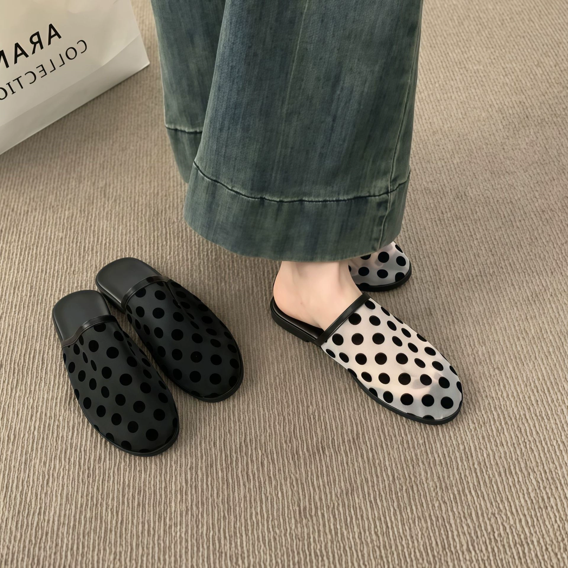 Chuyuji Mules Plates Rétro en Maille à Pois, Chaussures Décontractées Printemps Été