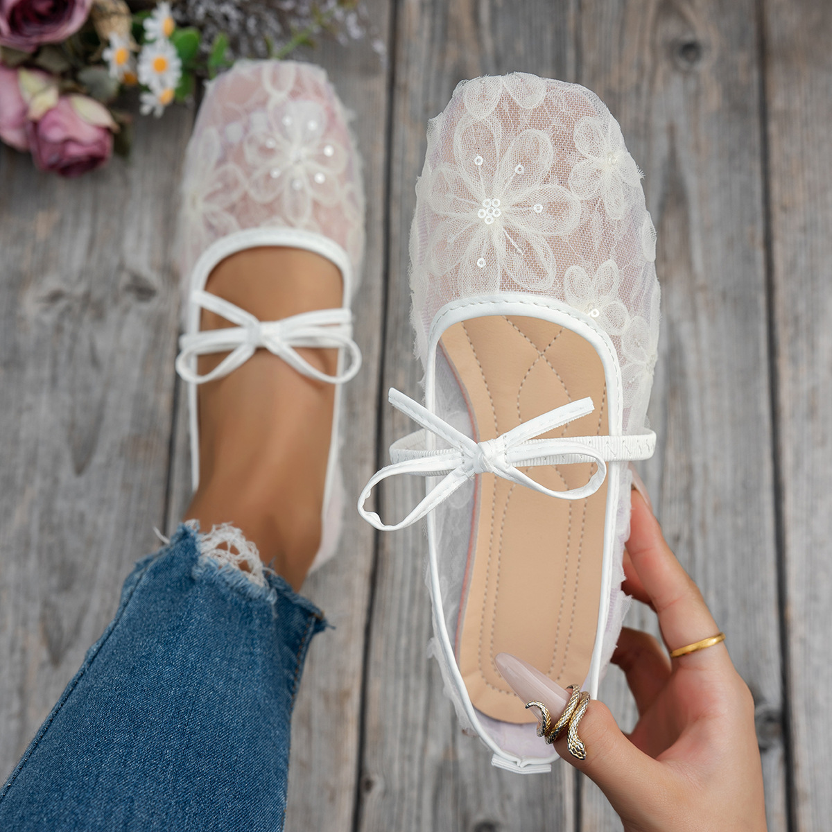 Women's Lace Square Toe Flats · YANYAN China shoe factory