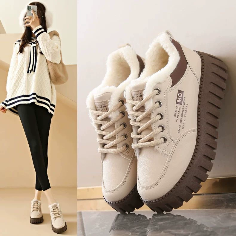 Women's Winter Fleece Lined White Sneakers Thick Sole Warm Cotton Casual Shoes