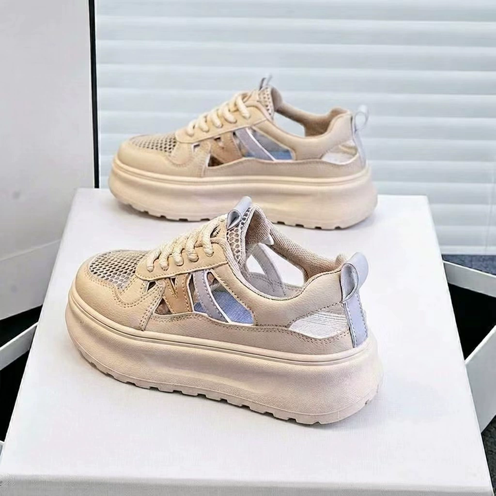 Damensommer atmungsaktive hohle Chunky Sneaker dicke Sohle Höhenzunahme lässige Schuhe