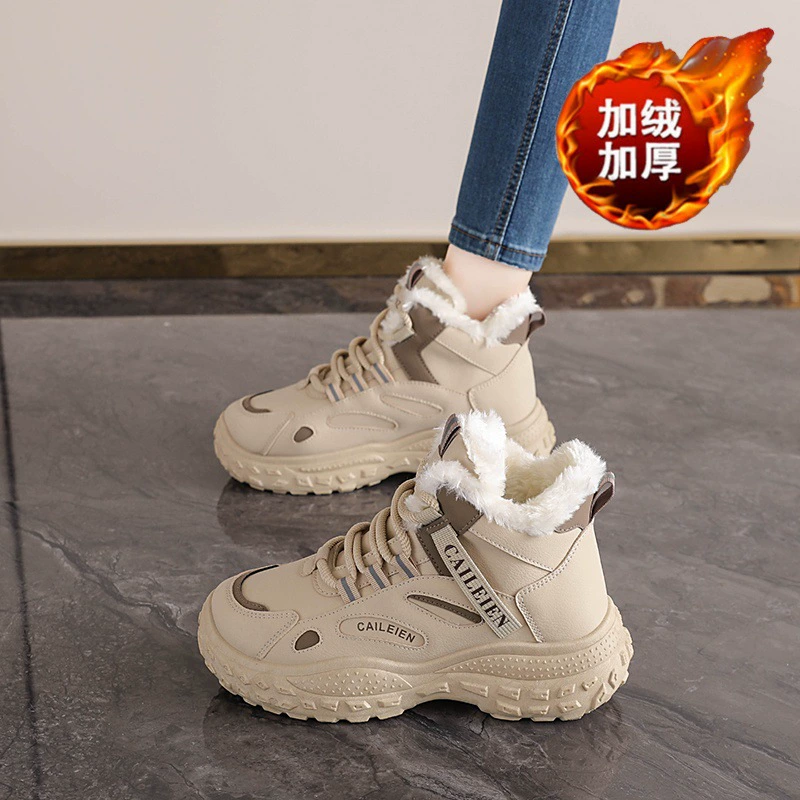 Winter Fur-Lined High-Top Dad Sneakers for Women, Korean Style, Thick Platform, Warm Cotton Shoes