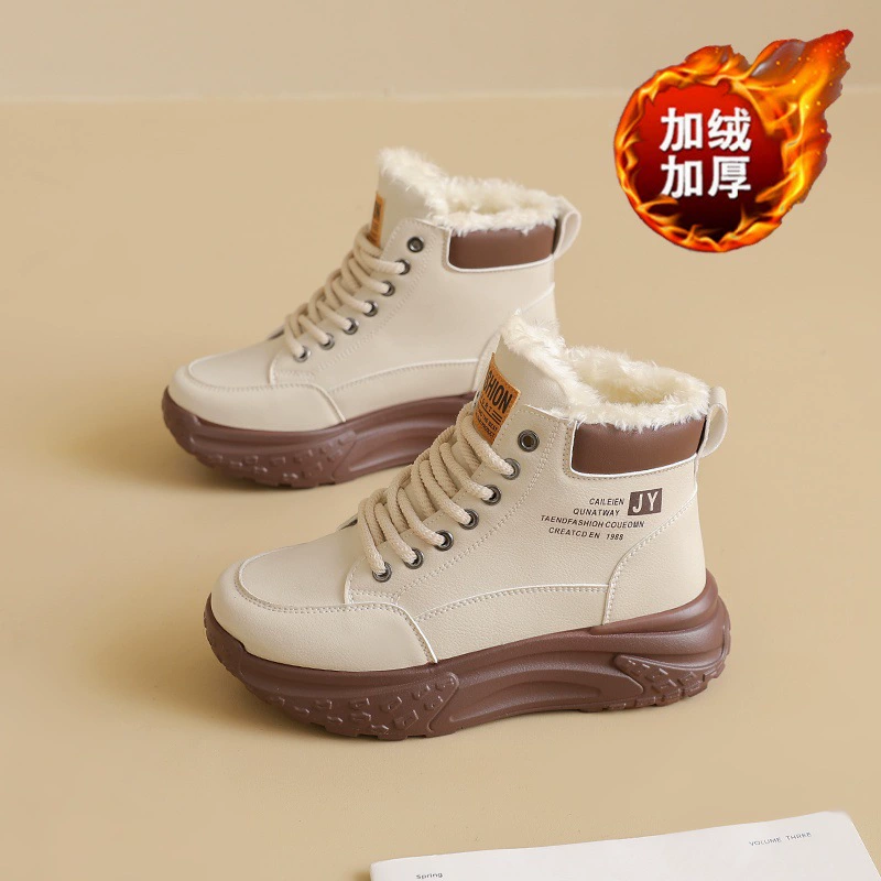 2025 Winter Women's Fur-Lined High-Top Snow Boots, Thick Platform, Warm Cotton Short Boots