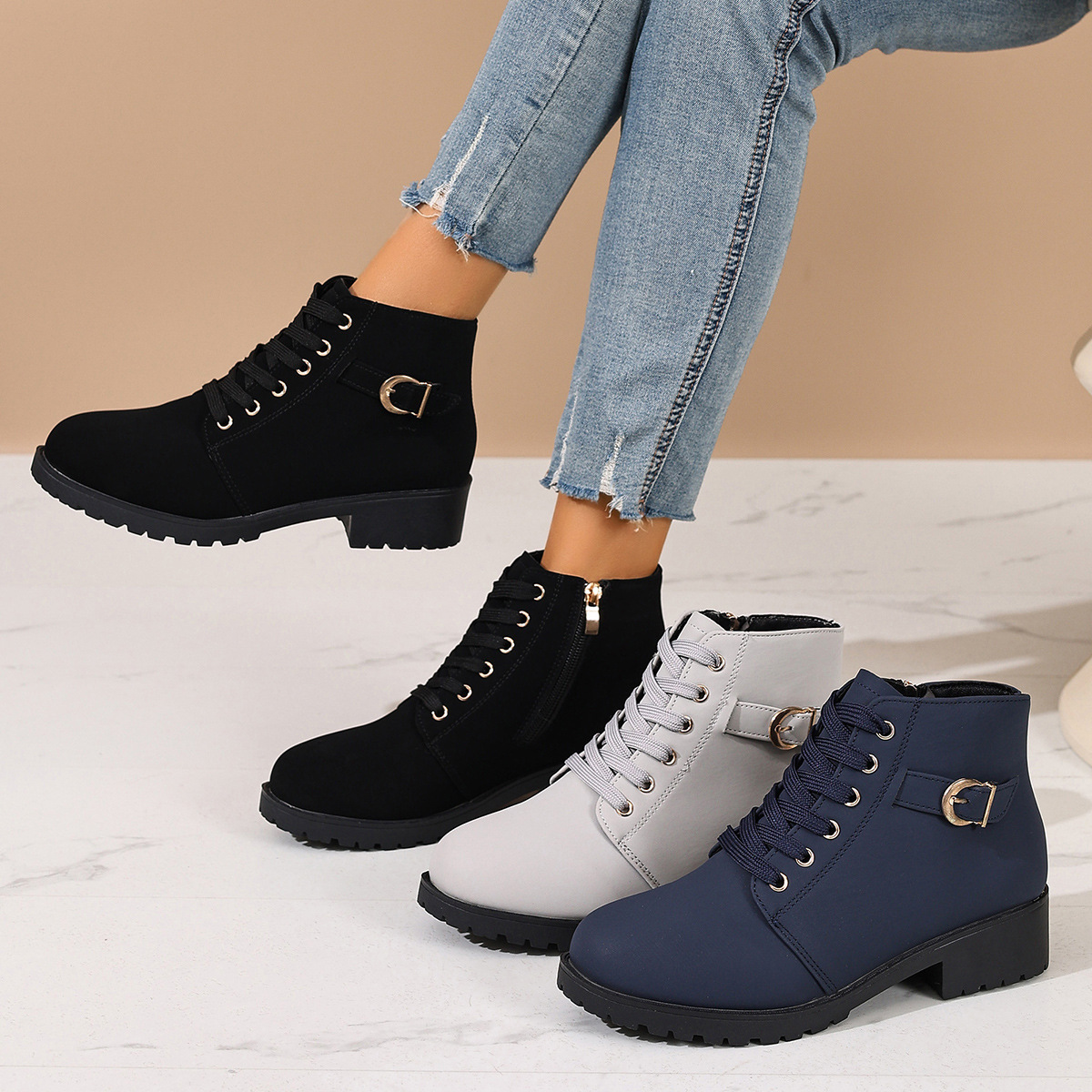 Women's Ankle Martin Boots Chunky Heel Side Zip · YANYAN China shoe factory