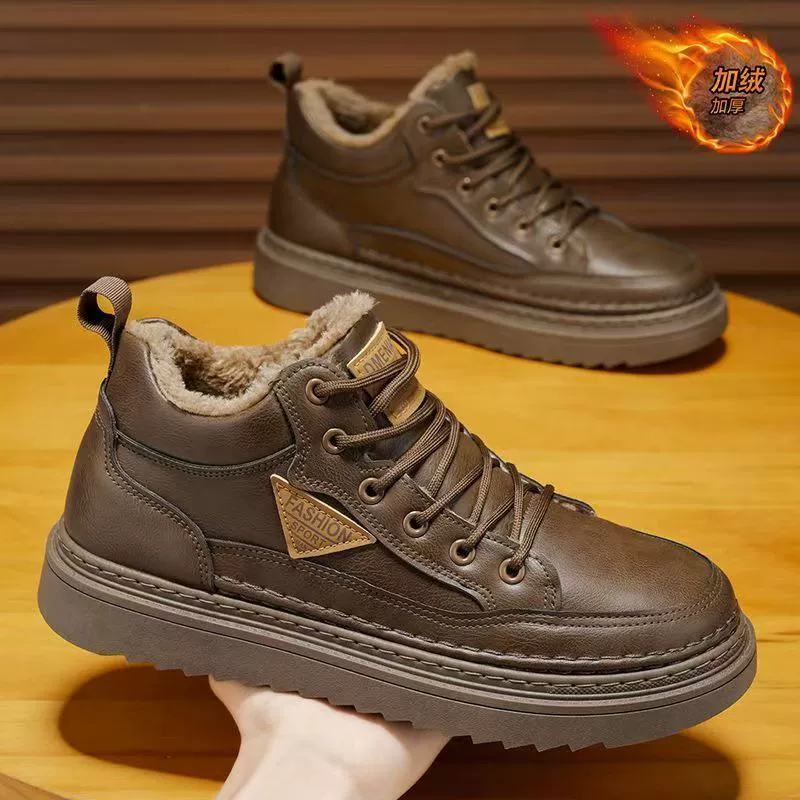 Men's Autumn Winter 2026 Fleece High Top Skate Shoes Leather Warm Thick Cotton Low Martin Boots
