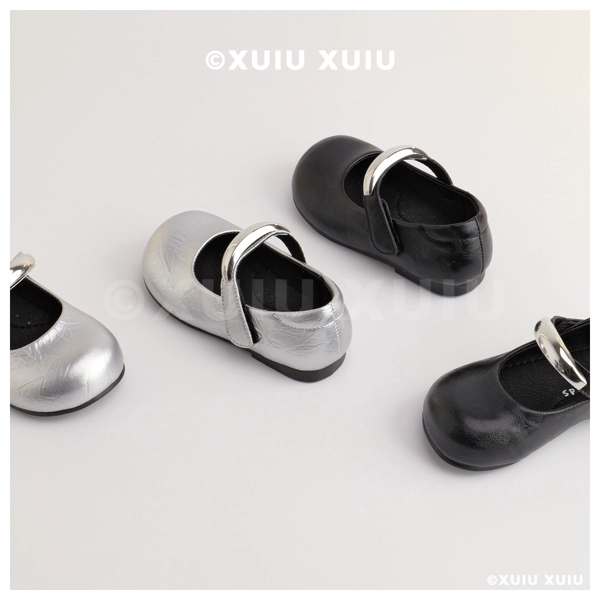 XSHX Metal Silver Туфли Мэри Джейн с широким носком ретро серебристо-черные