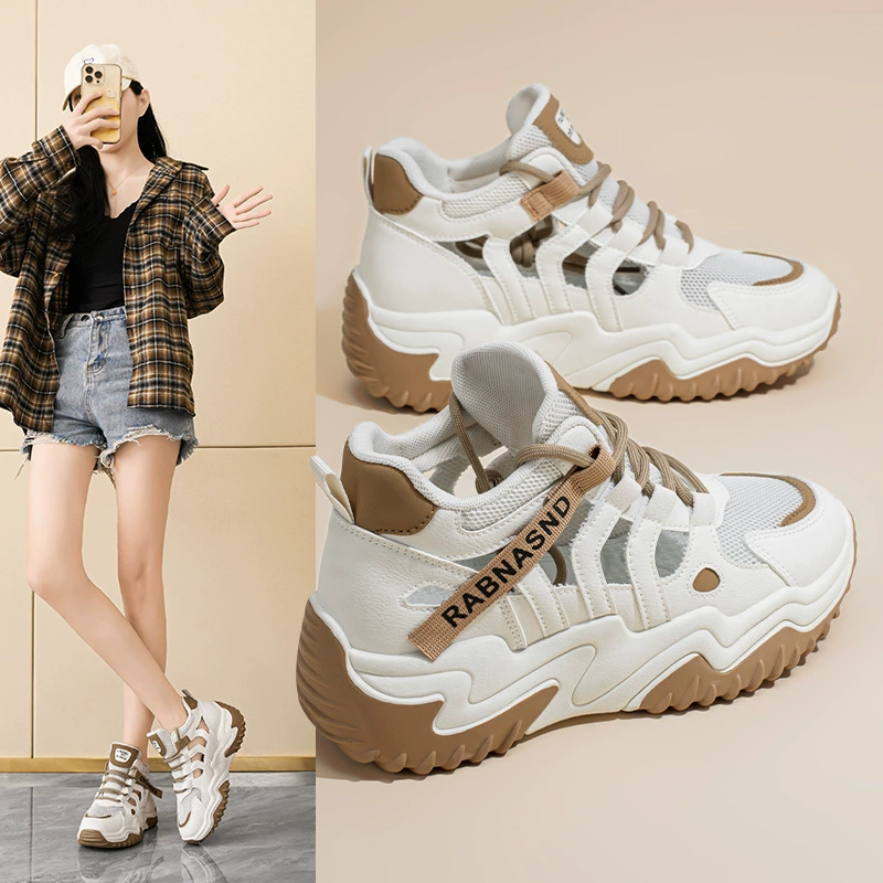 Korean New Dad Shoes for Women 2025 Summer Mesh Breathable Student Casual Thick Sole White Shoes