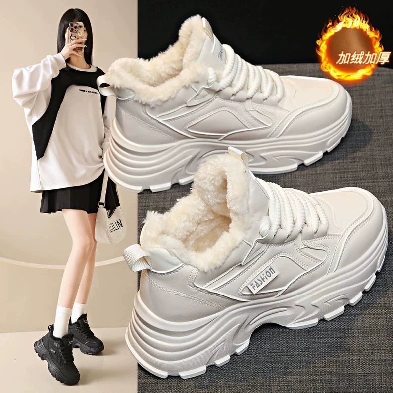 Women's Winter Fleece Lined High Top Chunky Sneakers Thick Sole Warm Cotton Shoes