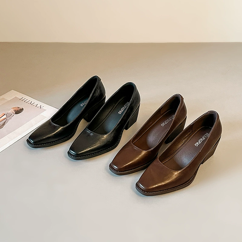Escarpins à Bout Carré, Talon Épais 7cm, Cuir Souple pour Bureau, Début Printemps 2026