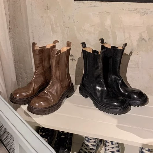 Women's Washed Horse Leather Folded Chunky Heel Chelsea Boots Fall Winter