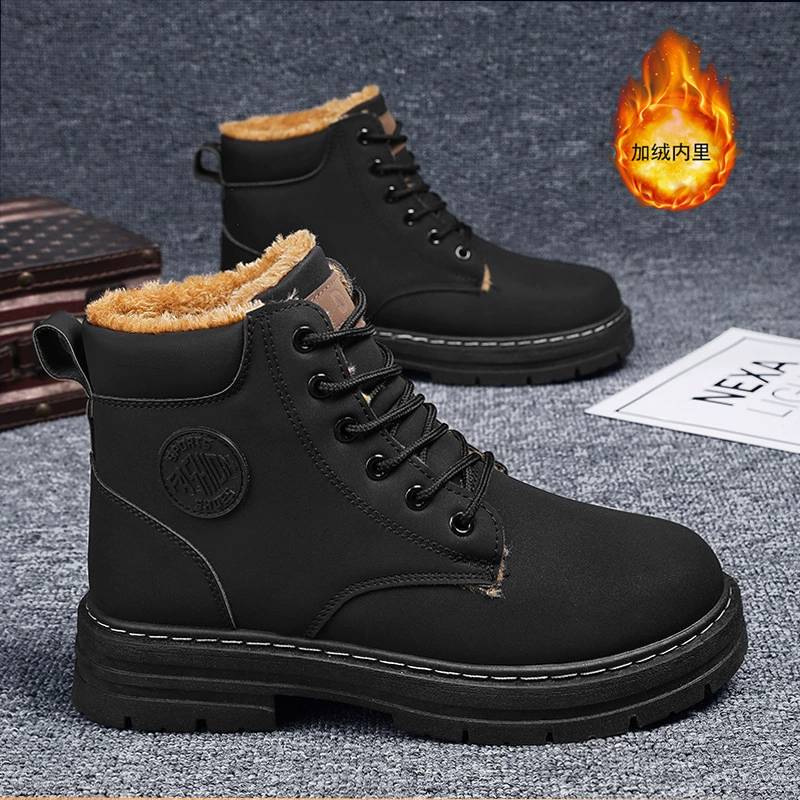 Winter Martin Boots Men High Top Fleece Lined Work Boots British Style Waterproof