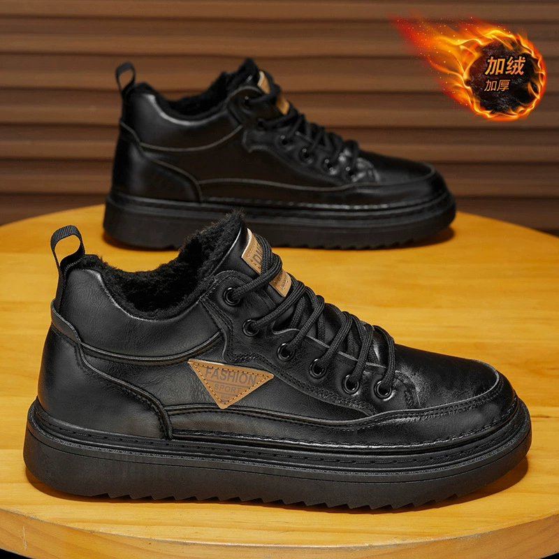 Men's Winter Fleece Lined Warm Martin Boots Work Leather Shoes Fashion Casual Cotton Short Boots