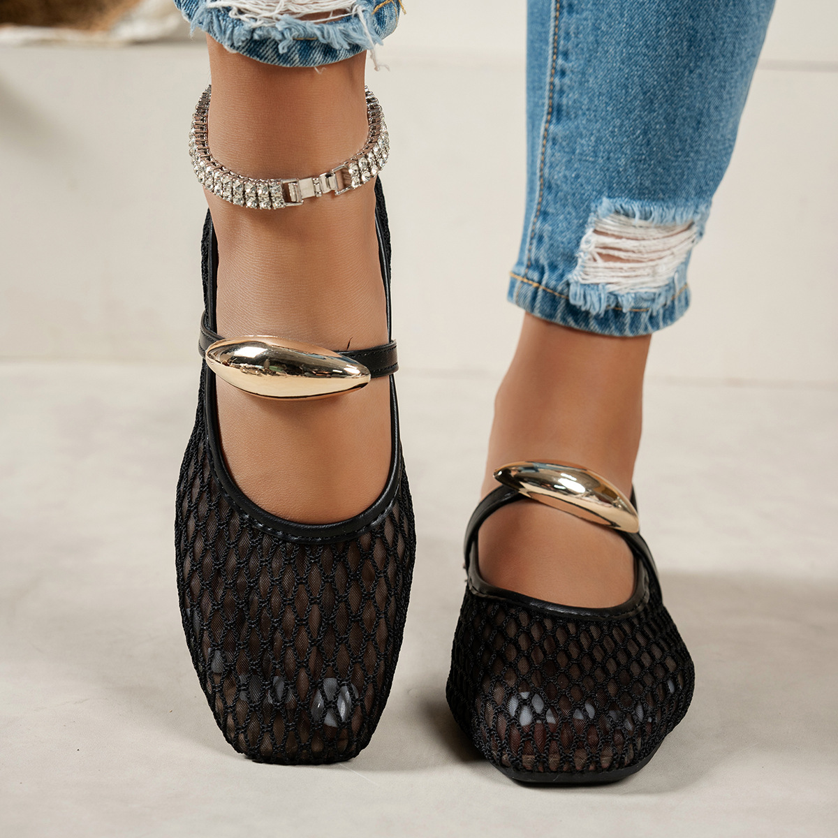 Mesh Mary Jane Flats with Ankle Strap · YANYAN China shoe factory