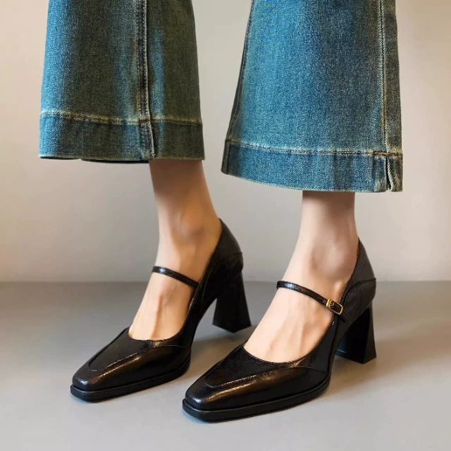 Spring New French Chunky Heel Mary Jane Shoes for Women, Comfortable High Heel Strap Vintage Black Flats
