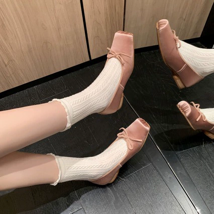 Seide Flacher Schuh Damen Süß Schleife Quadrat Zeh Niedrigabsatz Freizeit Sommer Schuhe · MOHE China shoe factory