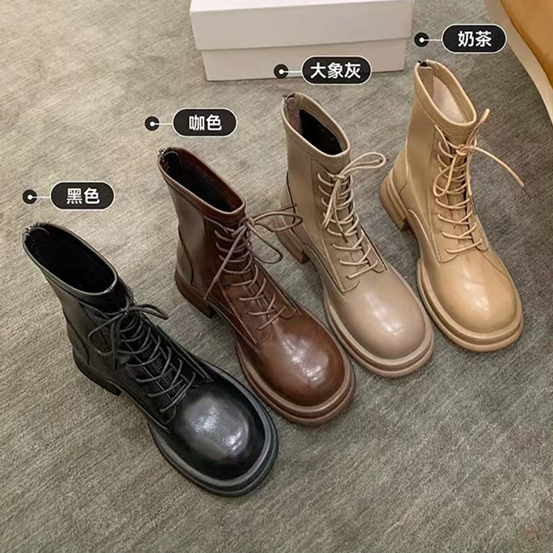 Bottes courtes bout rond automne hiver coréennes slim talon épais femme augmentation hauteur lacets martin semelle épaisse