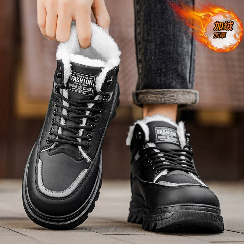 2026 Winter Men's High Top Warm Lined Leather Shoes Black Korean Martin Boots Thick Casual Cotton Shoes