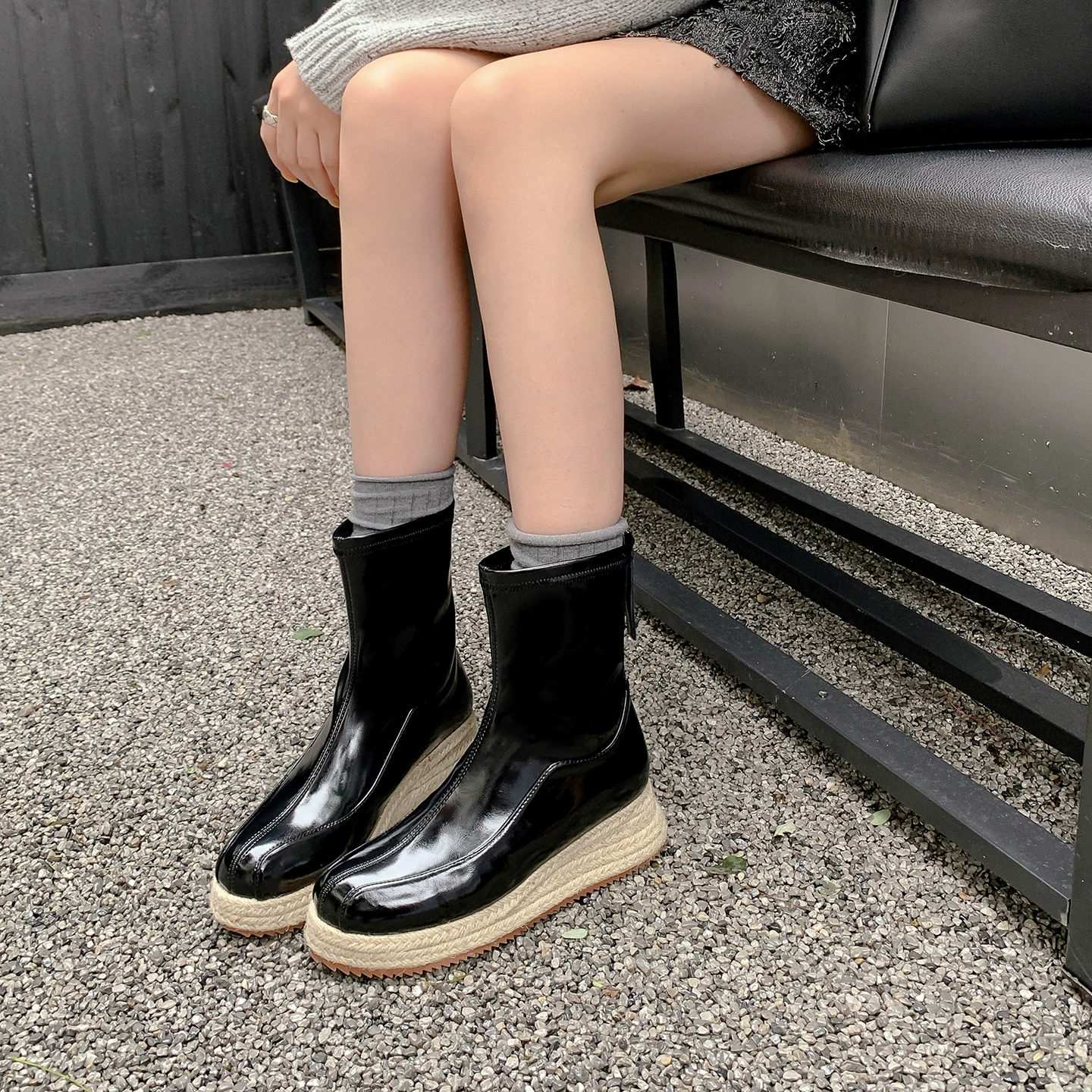 Women's 5cm Wedge Square Toe Ankle Boots with Back Zipper, Straw Woven Chunky Heel, Retro Height Increase