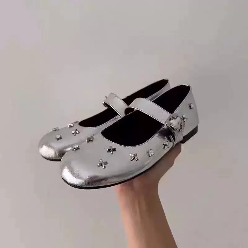 2025 New Silver Low Heel Round Toe Mary Jane Shoes Rhinestone Cross Strap French Style Pumps