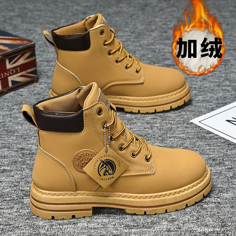 Men's Vintage British Yellow Boots Fashion Fleece Lined Warm Winter Chunky Work Boots