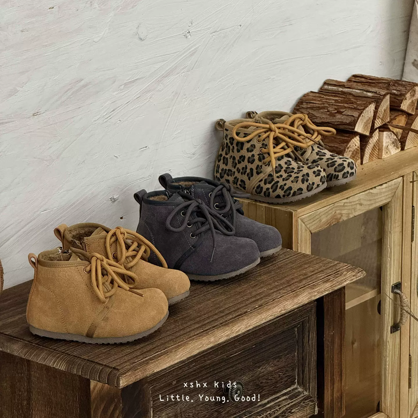XSHX Retro Leather Boots for Kids, Winter Warm Fleece Side Zipper Functional Thin Sole Korean Vintage Leopard