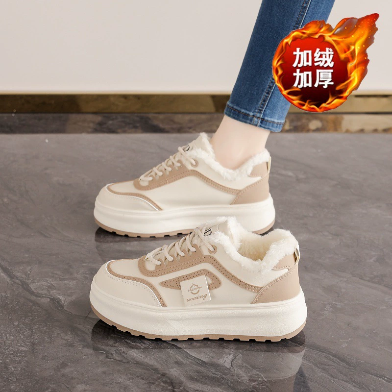 Winter Women's Fur-Lined White Sneakers, Korean Style, Thick Platform, Warm Cotton Casual Shoes