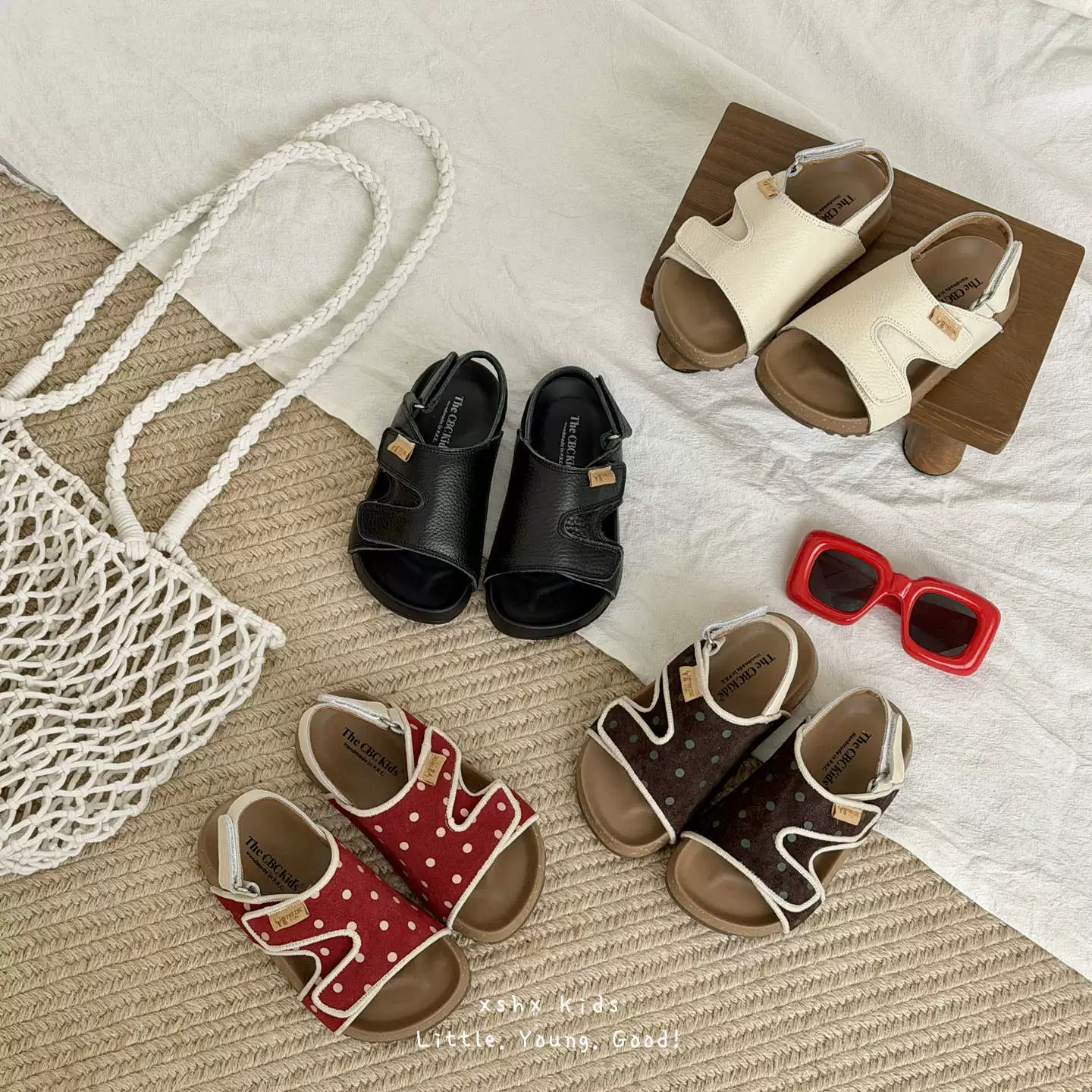 XSHX Oberleder Rindsleder Rindsleder Retro Kinder Polka Dot Jungen Mädchen Textur Leder Burgunder Slides Frühling Sommer Sandalen · MOHE China shoe factory