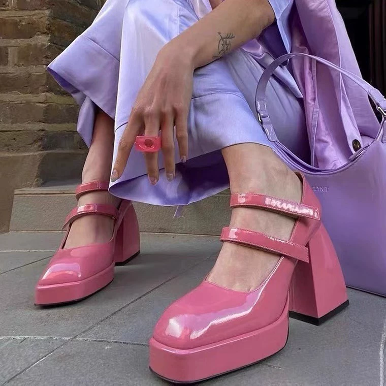 Damen 2025 Mary Jane Blockabsätze, Doppelriemen JK Retro Patentlederschuhe · MOHE China shoe factory