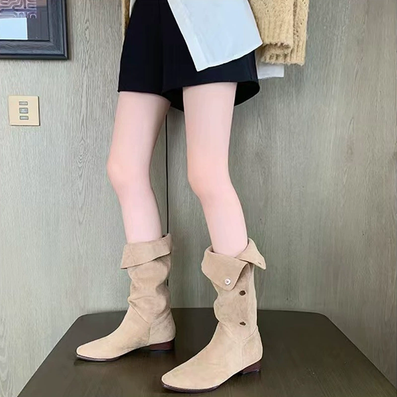 Neue Herbst Winter Hot Girl Umlegekragen Plissiert Gestapelt Stiefel Spitze Zehen Mid-Calf Western Cowboy Stiefel Damen