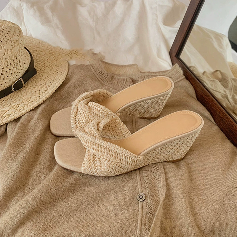 Sommer Neu Damen 6.5cm Keilabsatz Französische Quadratische Spitze Cross Woven Mules