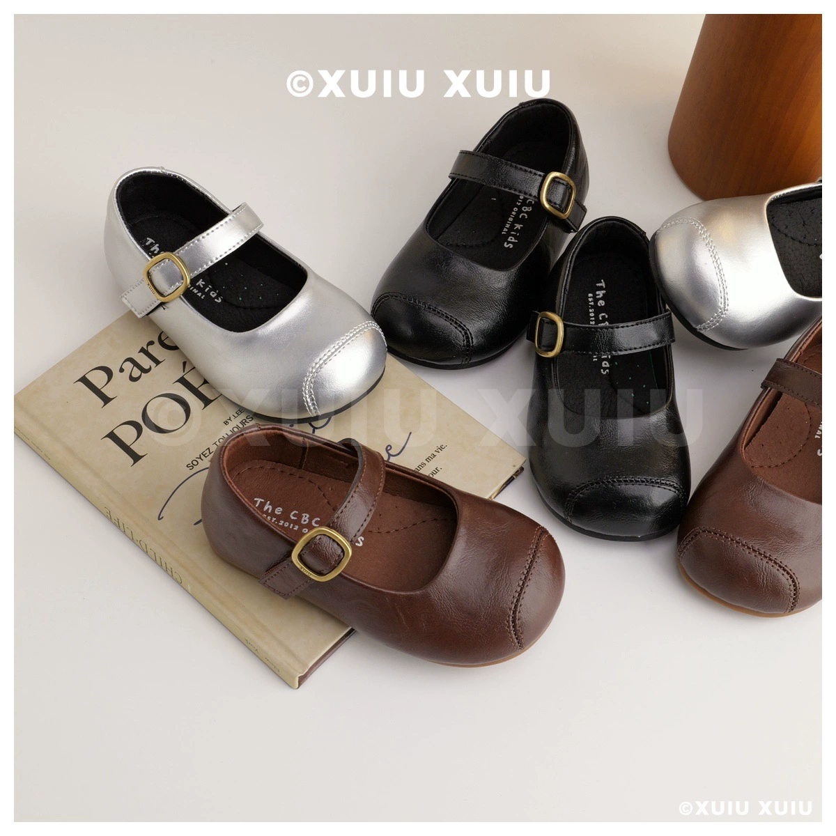 XSHX Barn Style London Sapatos de Couro Infantis Velcro Retro Bico Largo Primavera Outono