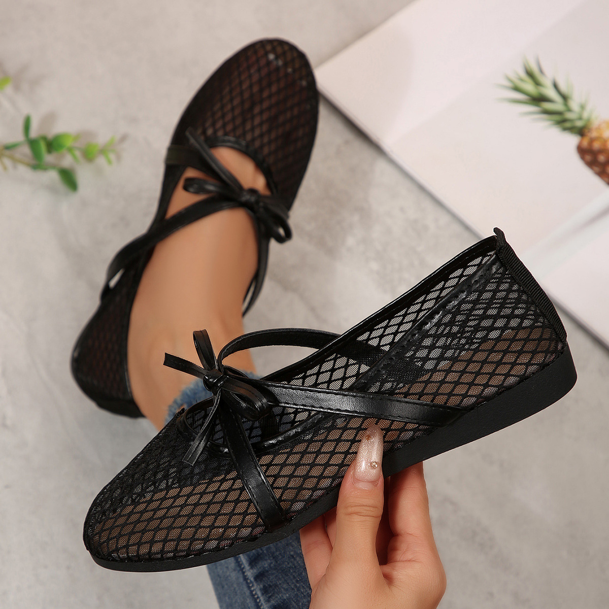 Women's Mesh Bow Ballet Flats · YANYAN China shoe factory