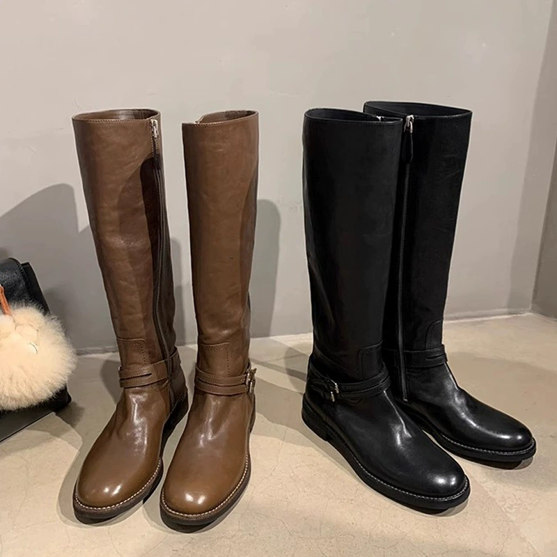 Nouvelles bottes hauteur genou, bout rond, double boucle, automne hiver pour femme