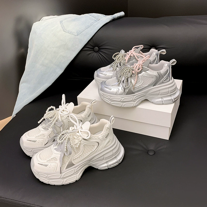 Women's Double Layer Platform Dad Sneakers 7.5cm Height Summer Gray