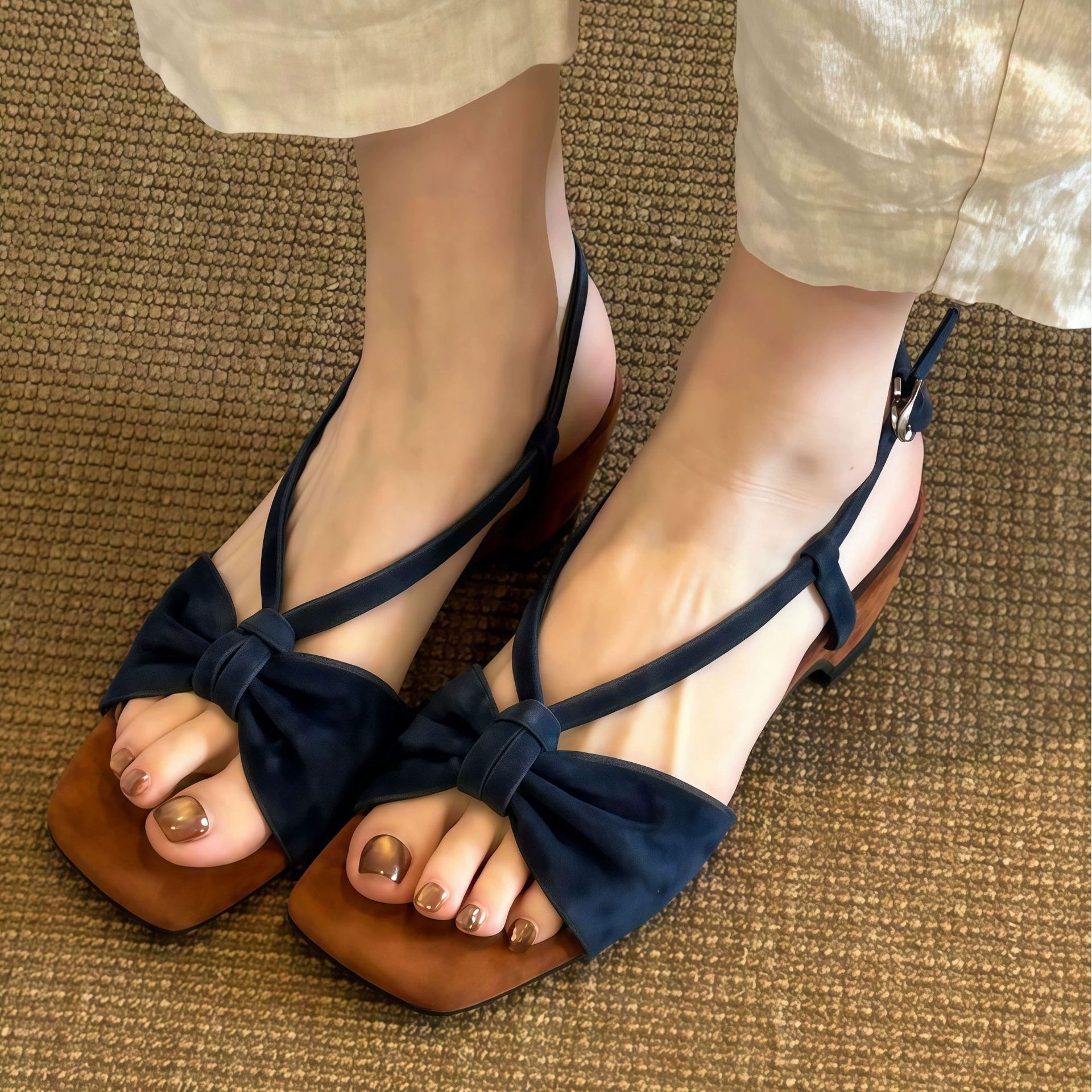 Chuyuji Women's French Chunky Heel Roman Sandals, Buckle Strap, Summer