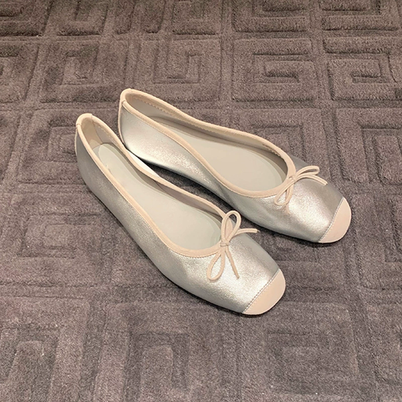 Koreanisch Süß Flacher Ausschnitt Schleife Blockabsatz Schuhe Mode Farbblock Seide Ballettschuhe Damen Grenzüberschreitend