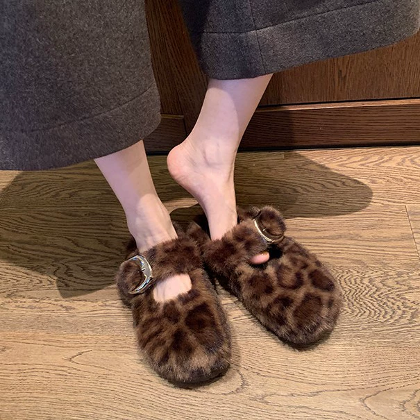 Women's Furry Leopard Print 4cm Thick Sole Buckle Warm Slippers Clogs Fall Winter