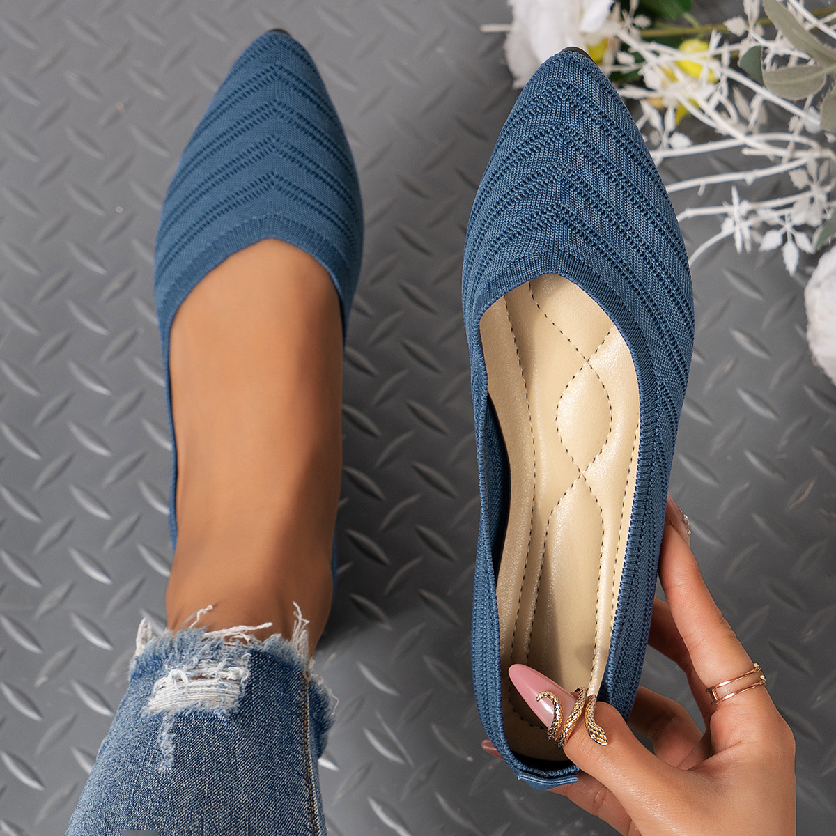 Women's Pointed Toe Knit Flats · YANYAN China shoe factory