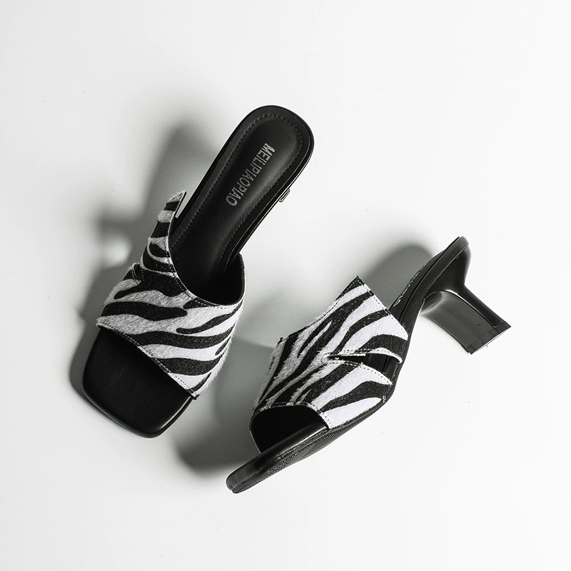 Soft Leather Women's Zebra Print Square Toe Sandals Fashion Slippers