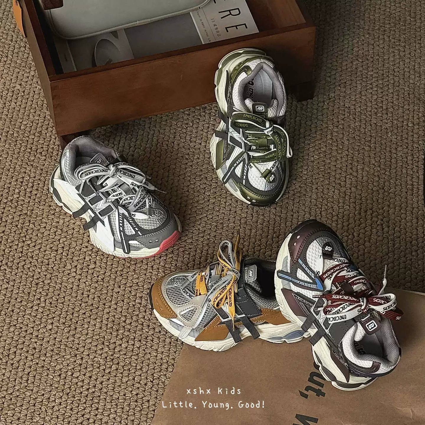 XSHX chaussures de sport américaines rétro pour enfants automne unisexe double mesh nouveau amorti scratch dad shoes