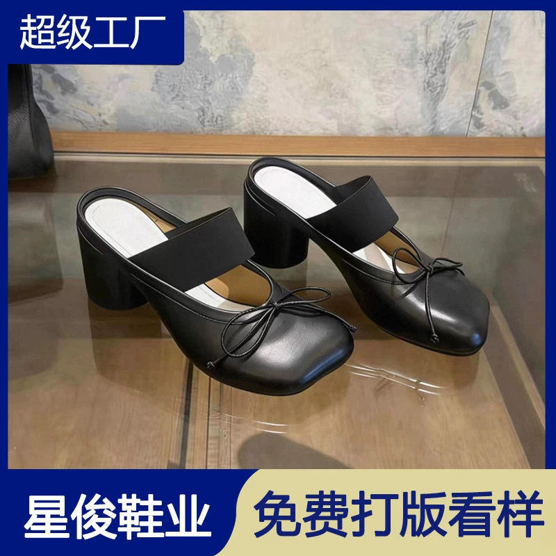 Damen Vintage Apple Head Schleife Chunky Absatz Mules 2026 Sommer offene Zehen Schuhe · MOHE China shoe factory