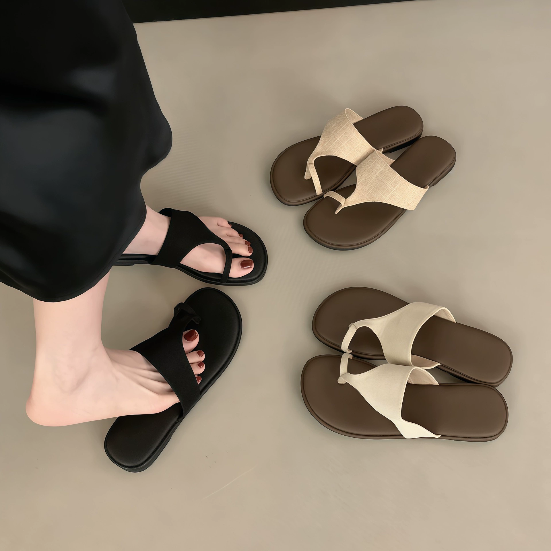 Chuyuji Französisch Einfach Leinen Zehensteg Flache Sandalen Damen Sommer 2026 Neu Lässig Strand · MOHE China shoe factory