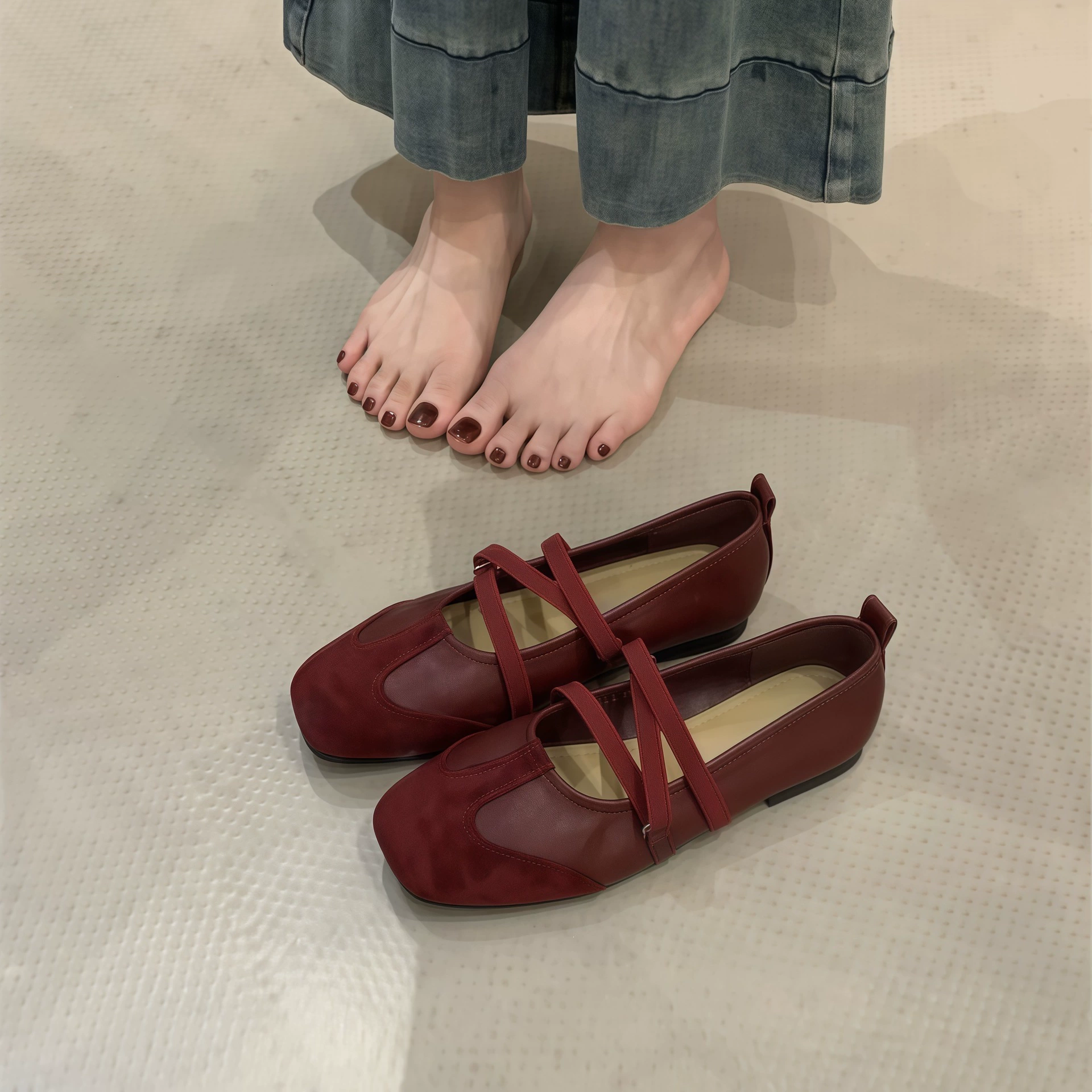 Women's Ballet Flats Stretch Strap Square Toe Mary Jane Shoes 2025 Spring New Soft